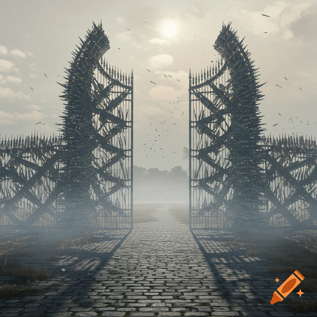 A large, dark, spiked metal gate stands open on a cobblestone path leading into a misty, tree-lined landscape under a hazy sky.
