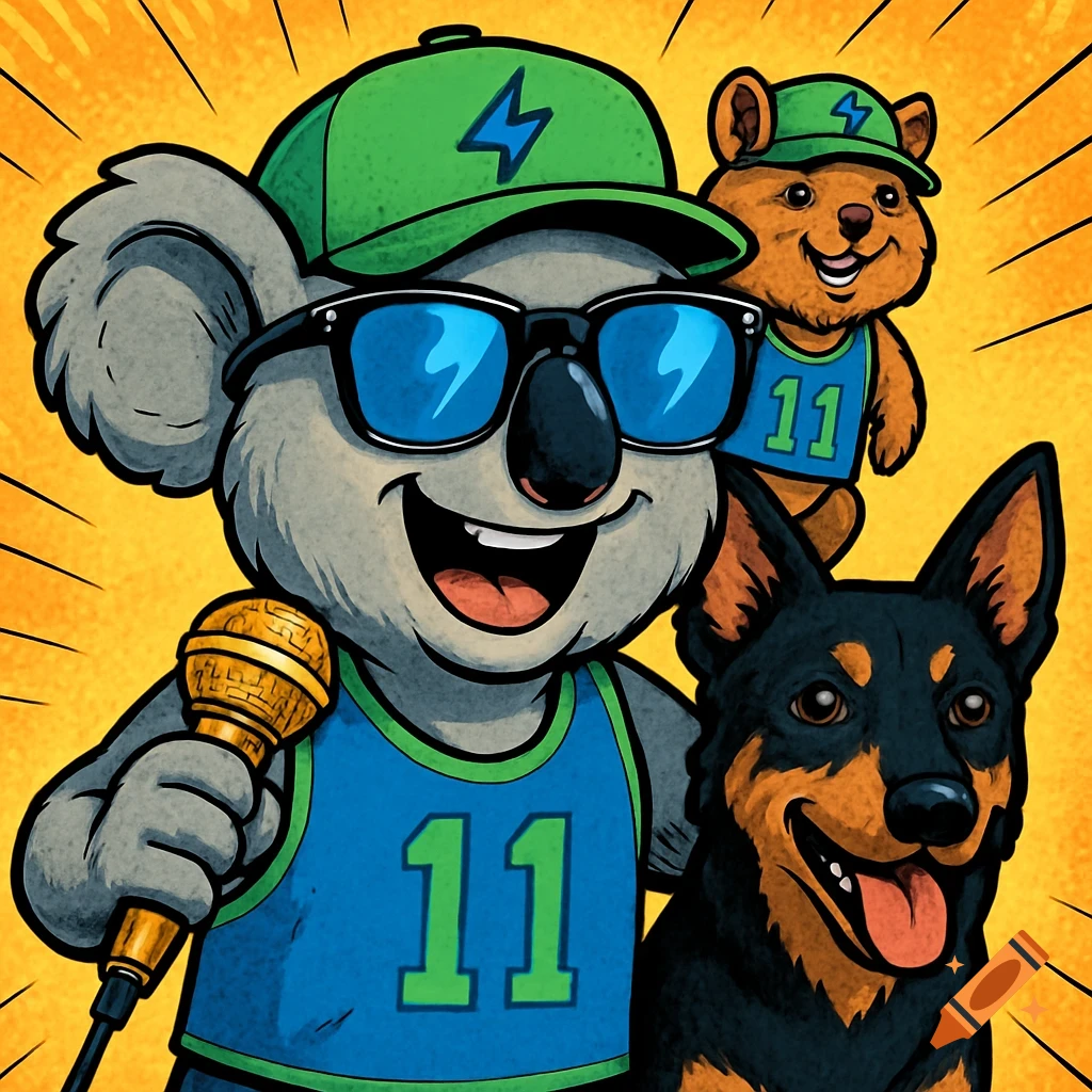 A cartoon koala in sunglasses, green hat, and blue jersey holding a mic, with a quokka and a black and tan kelpie dog, in comic book style.