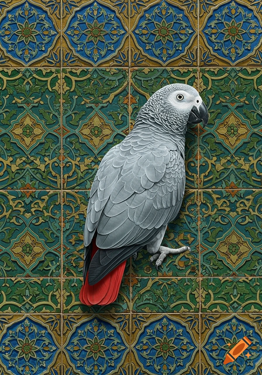 An African Grey parrot with a red tail, rendered in detail, stands against a background of ornate green and blue Islamic tiles.