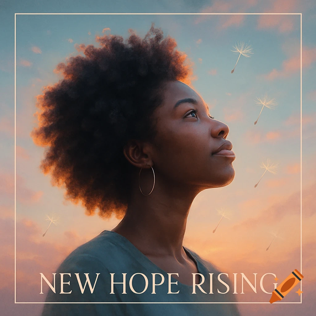 A young Black woman with an afro looks up at a hopeful sky with floating dandelion seeds; text reads "New Hope Rising".