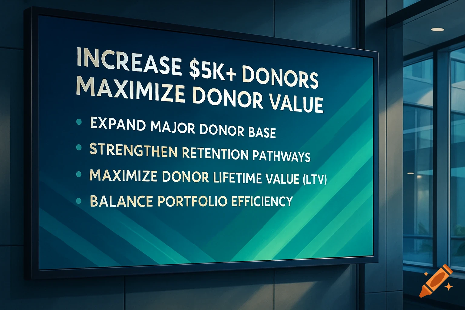 A large screen in an office displays a business presentation about increasing donors and maximizing donor value, with bullet points.