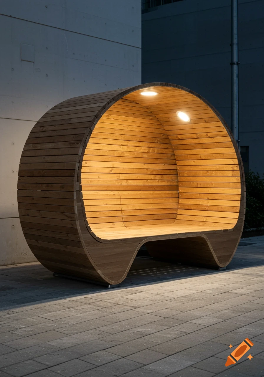 A modern, curved wooden bench pod with an illuminated interior, set on paving stones against a building at night.