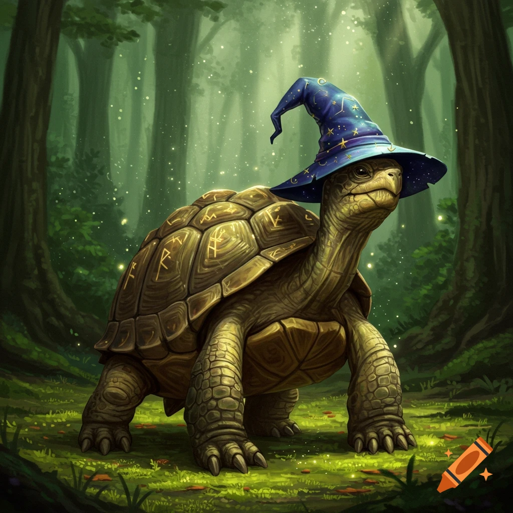 A muscular turtle wearing a blue wizard hat with stars stands in a magical, sparkling forest.