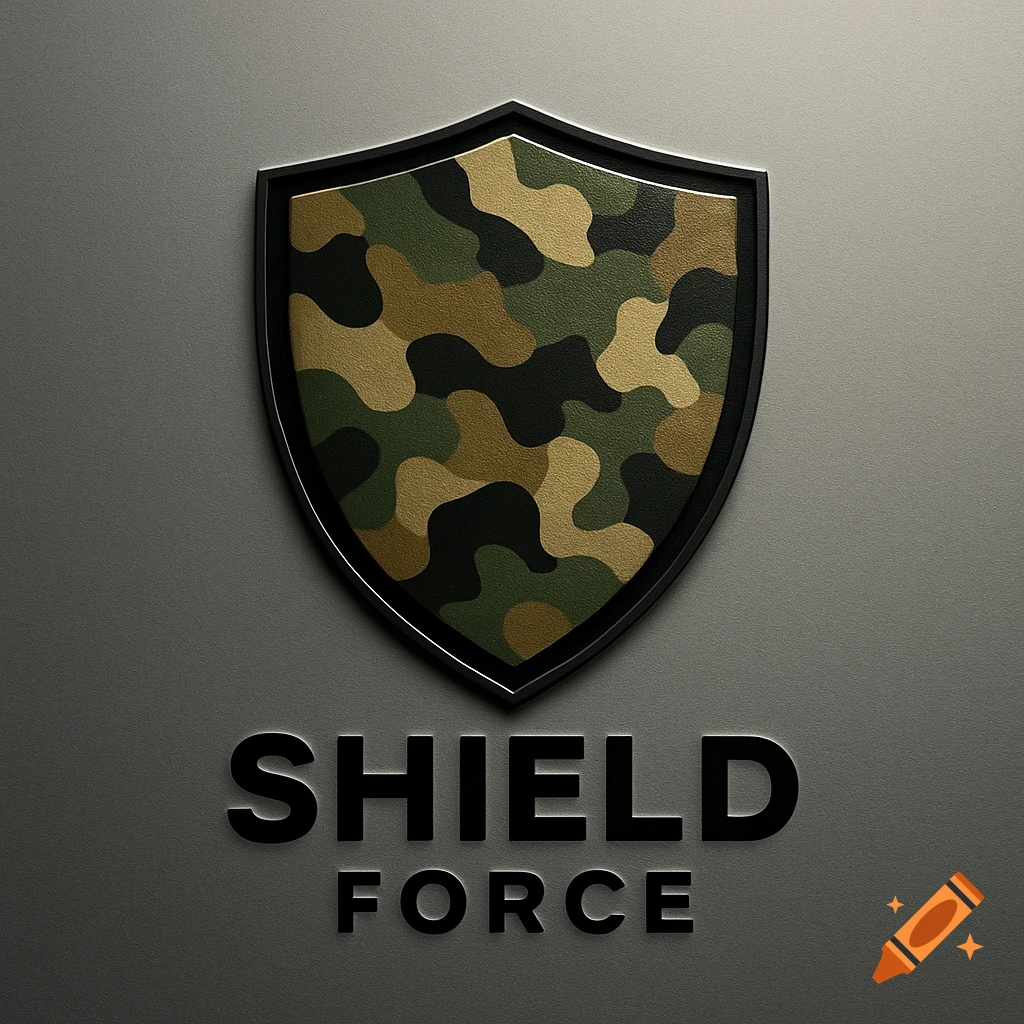 A black-bordered shield with a green, brown, and black camouflage pattern, above the embossed text 'SHIELD FORCE' on a gray background.