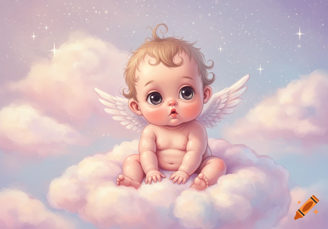 Cute cartoon baby with big eyes and wings, sitting on a cloud in a pastel sky with sparkling stars.