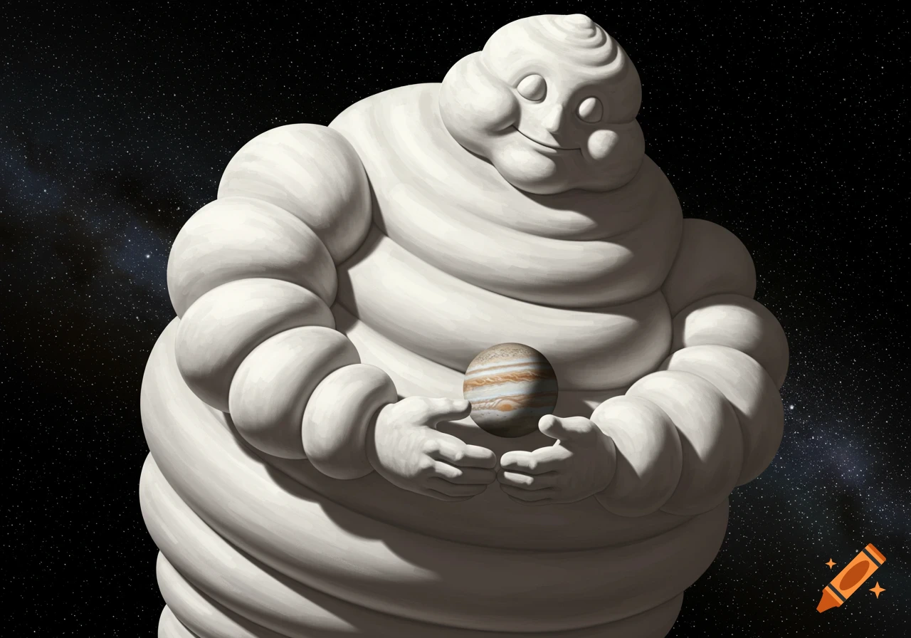 A giant Michelin Man-like figure with a small head holds tiny Jupiter in its hands, floating in dark outer space with stars.