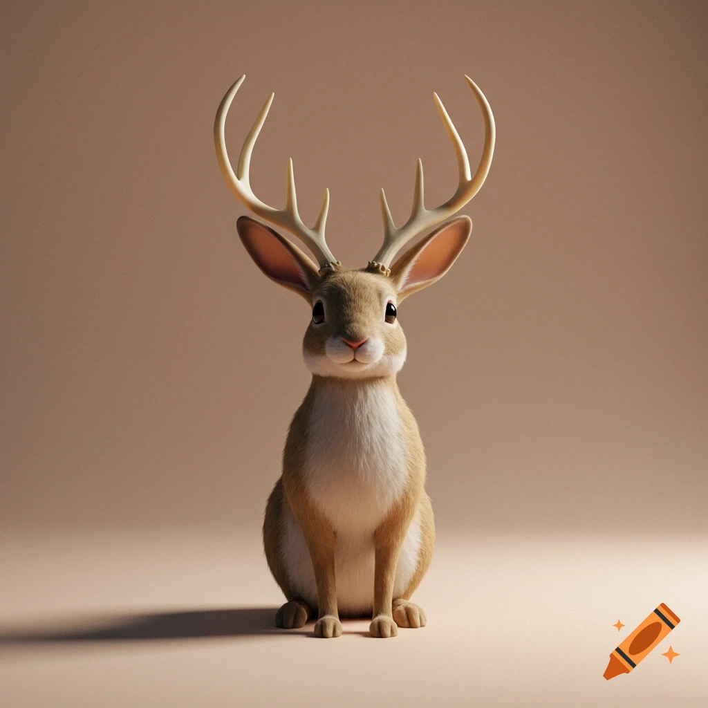 A cute, simplified jackalope (rabbit with antlers) sits on a light brown background, looking forward.