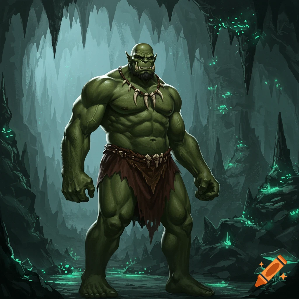 A muscular green orc with a beard and tribal necklace stands in a dimly lit cave with glowing mushrooms and stalactites.