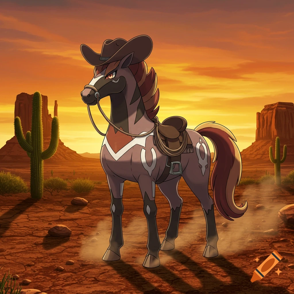 A cartoon horse Pok 00e9mon wearing a cowboy hat and saddle stands in a desert landscape with cacti and mesas at sunset.