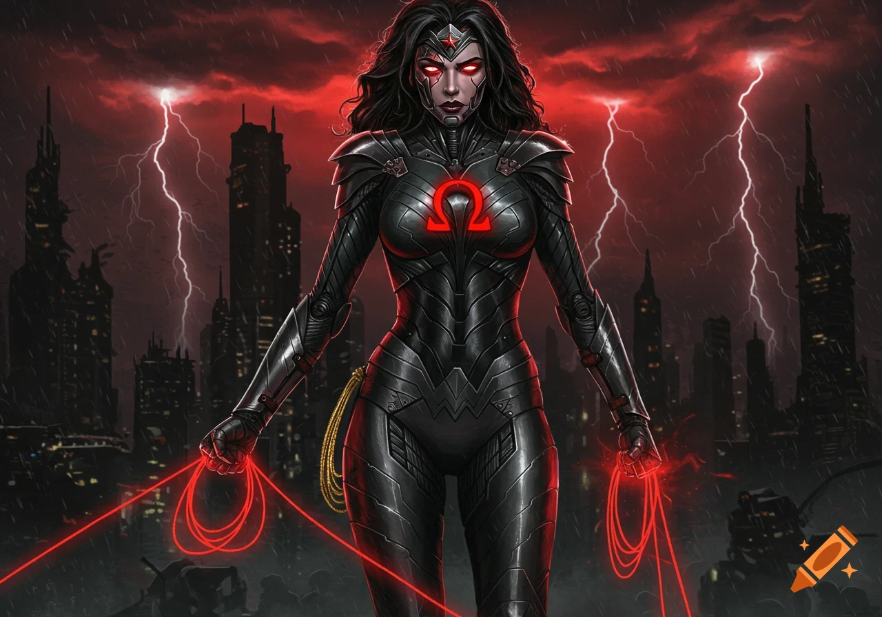 Evil cyborg Wonder Woman in dark armor with glowing red eyes, Omega symbol, and red lassos, in a stormy city with red lightning.