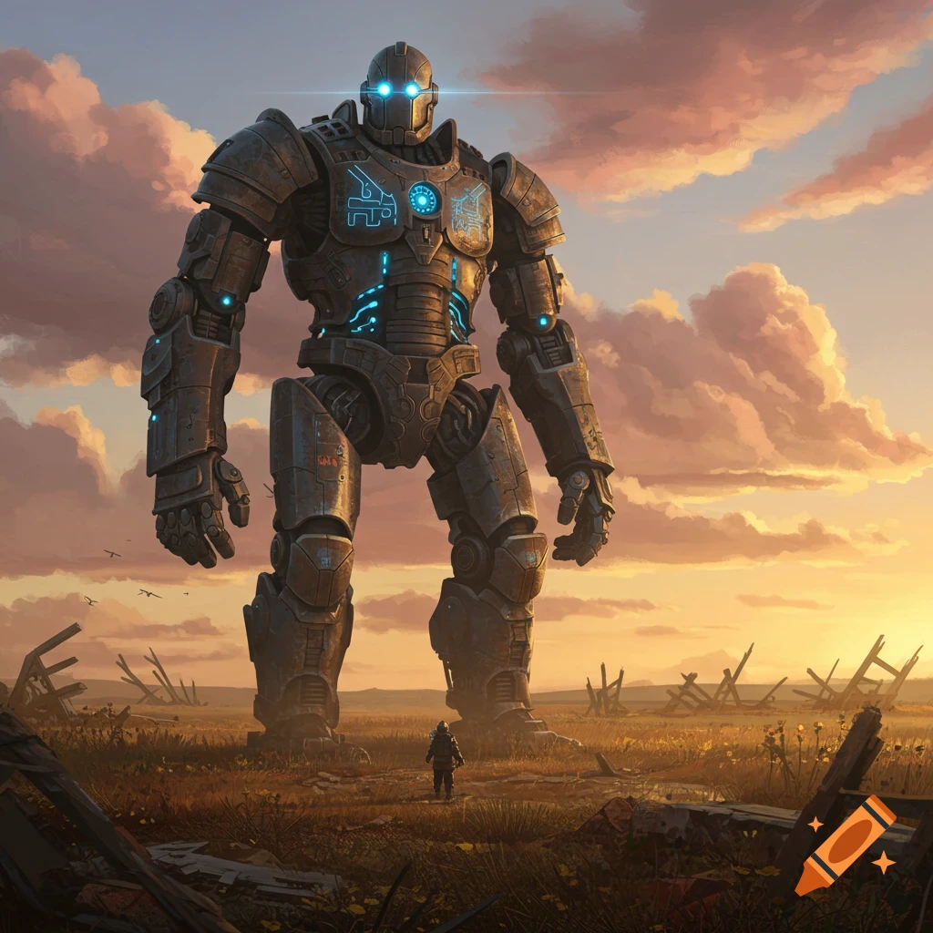 A massive, rusty iron giant robot with glowing blue eyes and chest stands in a desolate field with a small person looking up at it during sunset.