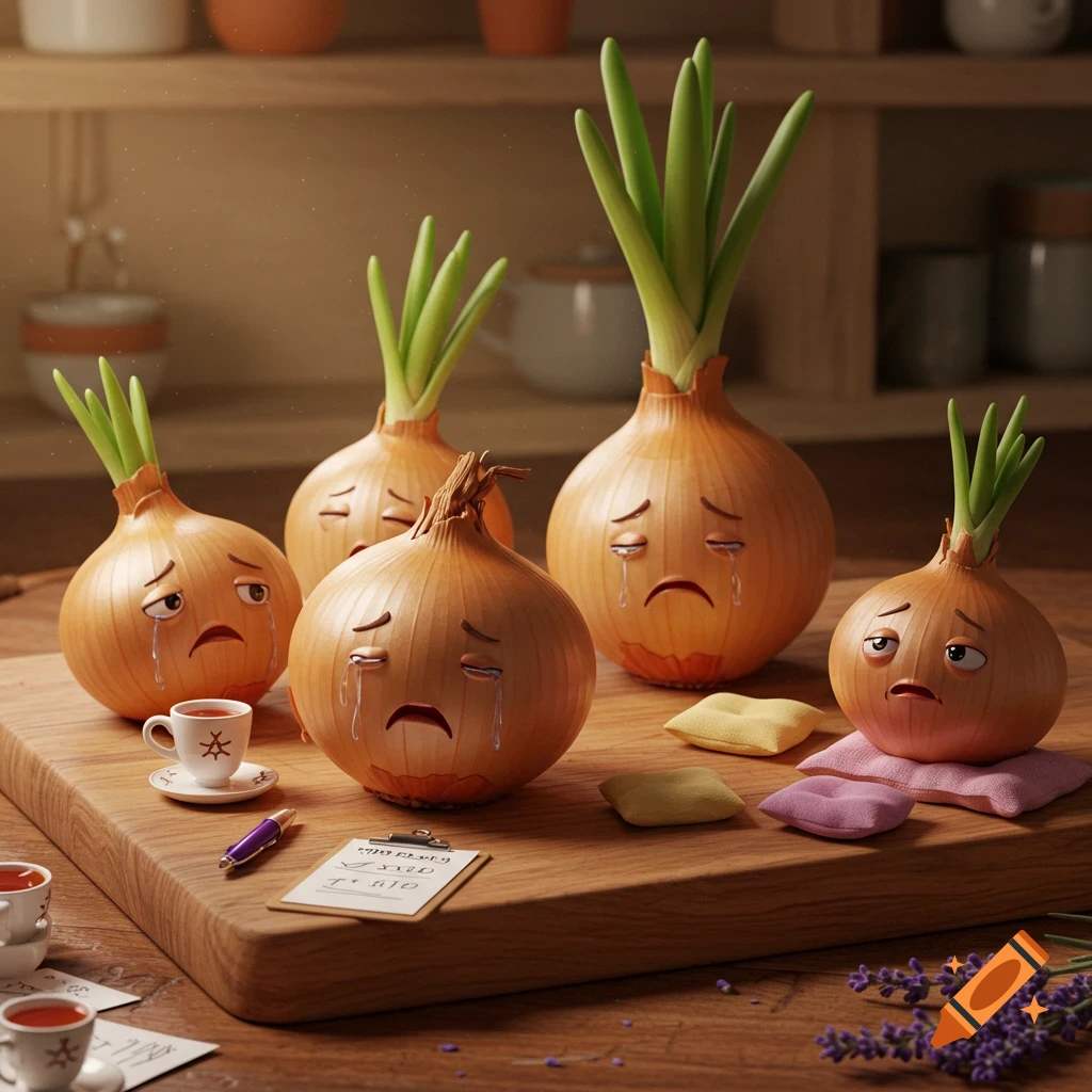 Five anthropomorphic onions with sad, crying faces sit on a wooden cutting board, surrounded by a teacup, clipboard, and lavender.
