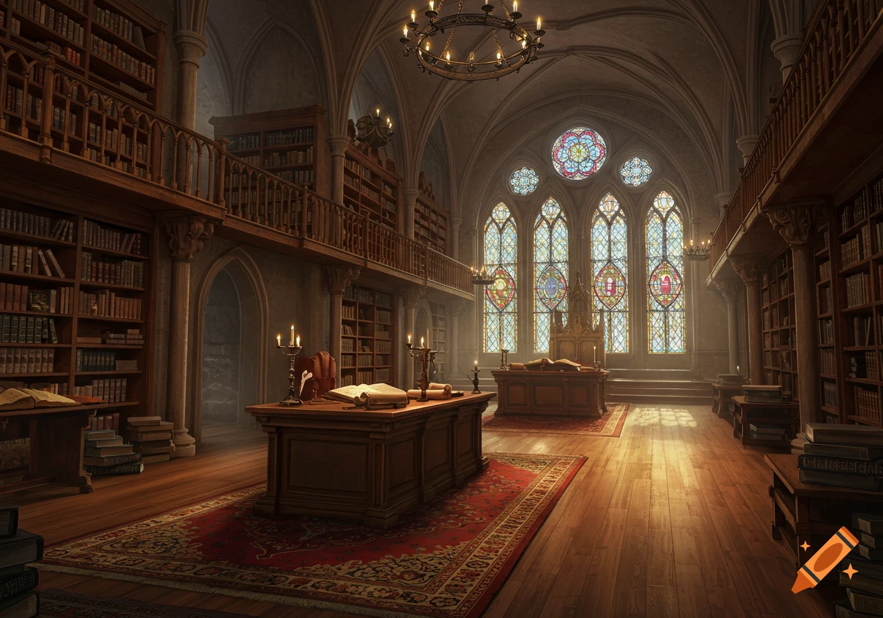 A grand, two-story Gothic library with high arched ceilings, stained-glass windows, and wooden bookshelves. Sunlight streams onto desks with open books and candles.