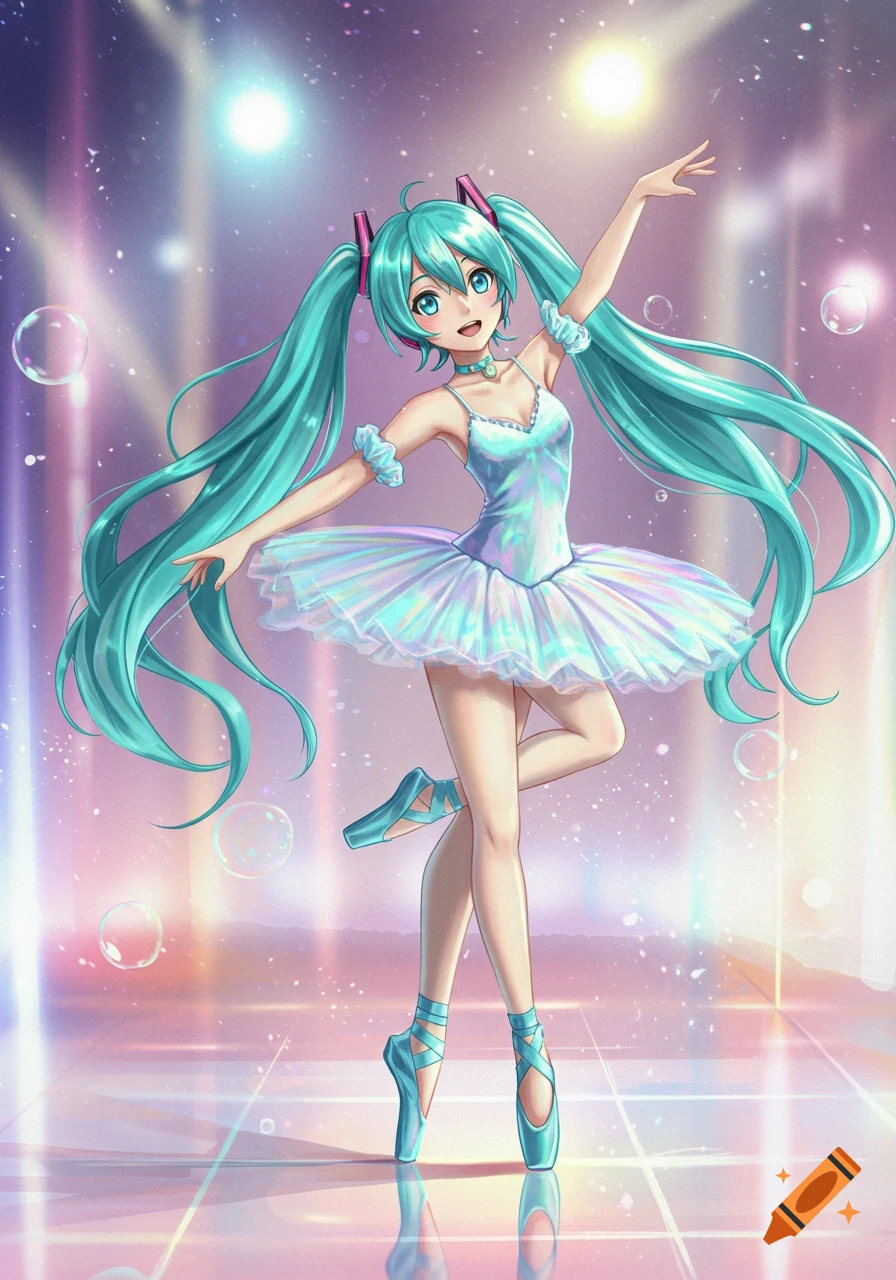Hatsune Miku as a ballerina dancing en pointe on a stage with spotlights and bubbles, in an anime art style.