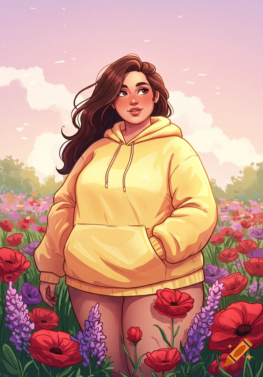 Cartoon woman with long brown hair, wearing a yellow hoodie, standing in a vibrant field of red and purple flowers under a pastel sky.