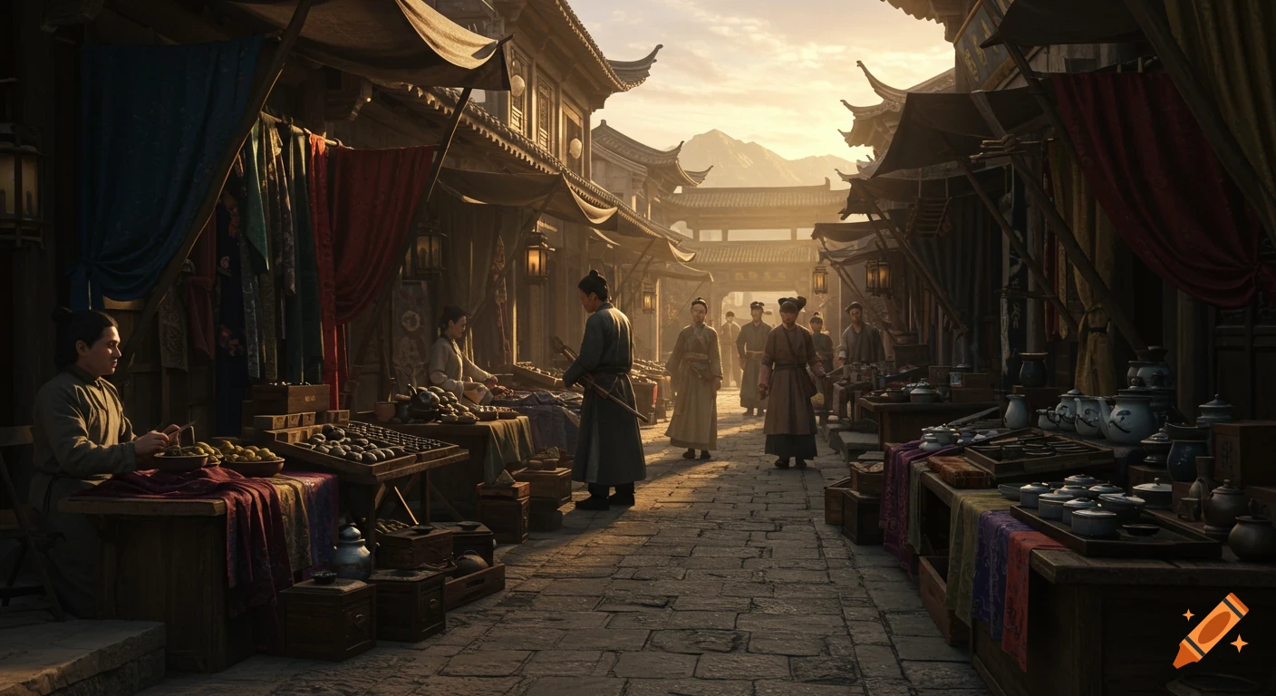 A wide-angle, cinematic photo of a bustling 14th-century Ming Dynasty Chinese market street with vendors, shoppers, traditional architecture, and dramatic late afternoon sun casting long shadows.