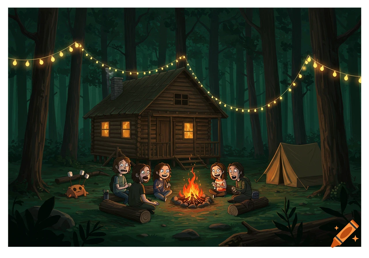 Cartoon of five friends around a campfire at night in a forest with a cabin, tent, and string lights.