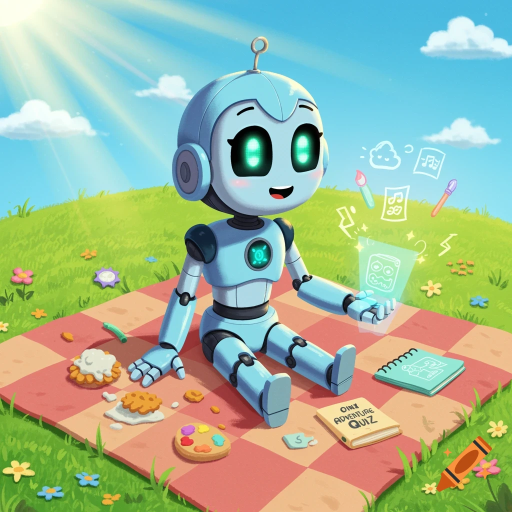A cheerful light blue cartoon robot sits on a picnic blanket in a sunny grassy field, holding a glowing screen, surrounded by snacks and a book.