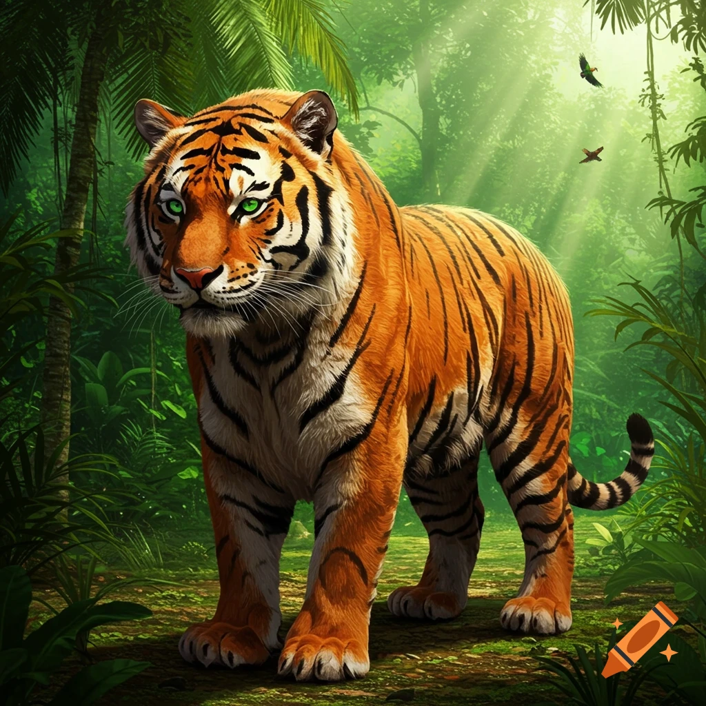 A majestic tiger with bright green eyes stands in a vibrant, sunlit jungle.