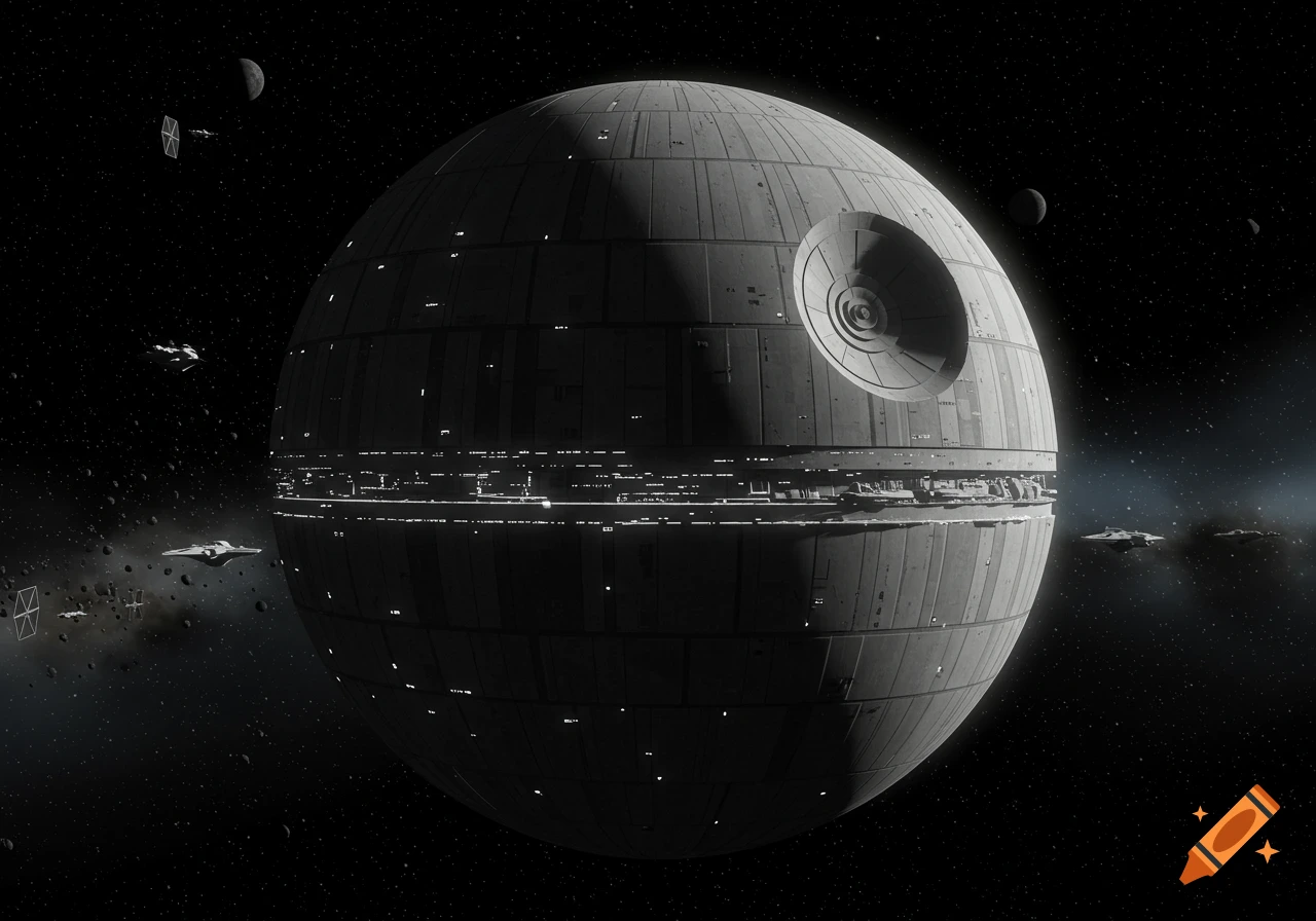A photorealistic depiction of the Death Star space station with small Imperial starships and moons in orbit against a starry black sky.