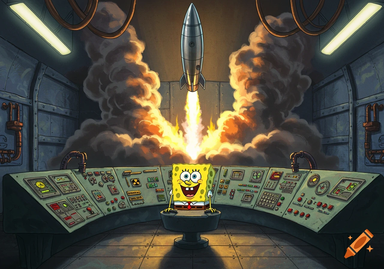Spongebob Squarepants sits happily at a control panel in a cartoon sci-fi base as a rocket launches with flames and smoke behind him.