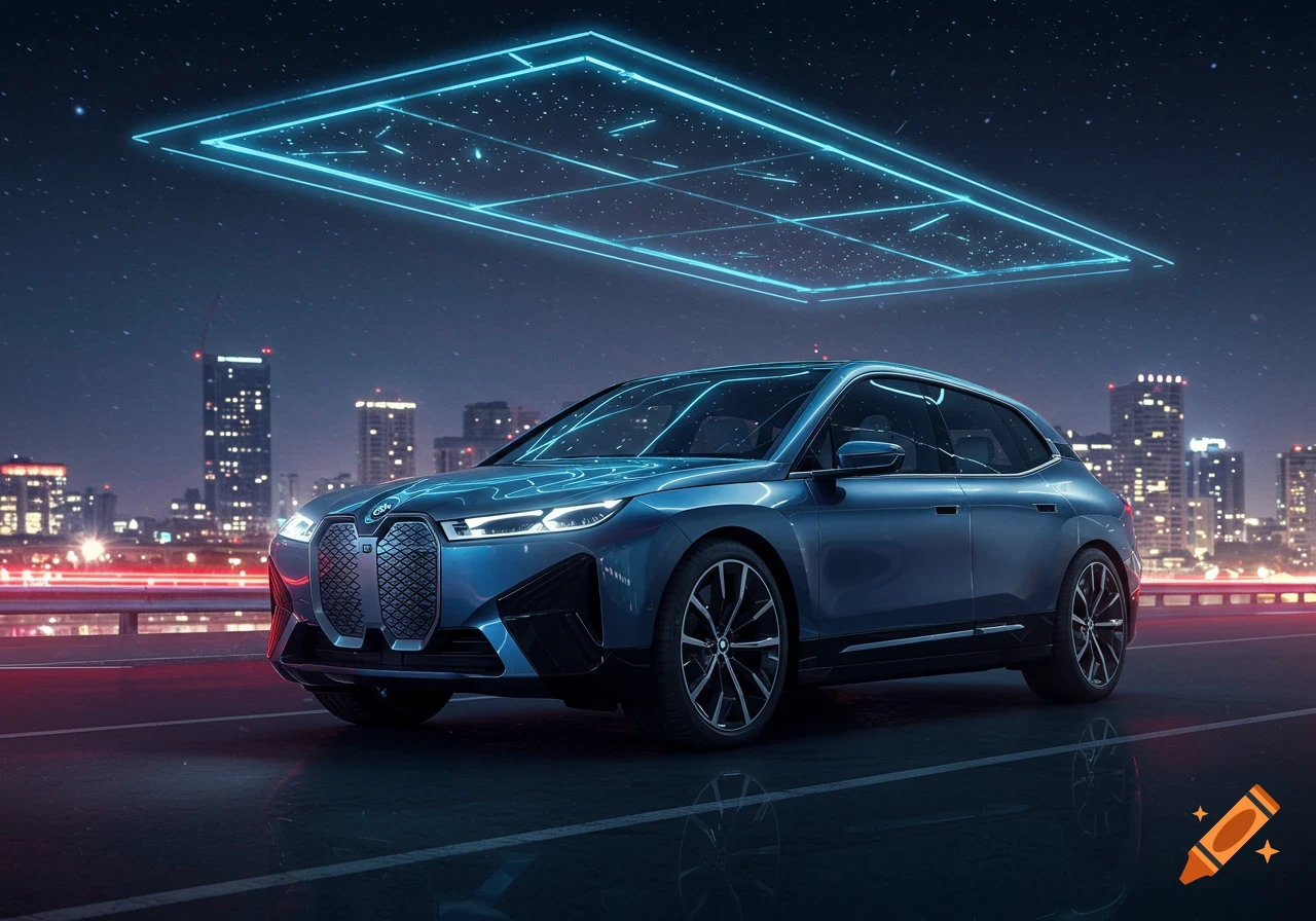 A blue BMW iX electric car under a glowing blue holographic frame at night, with a cityscape in the background. Photorealistic.