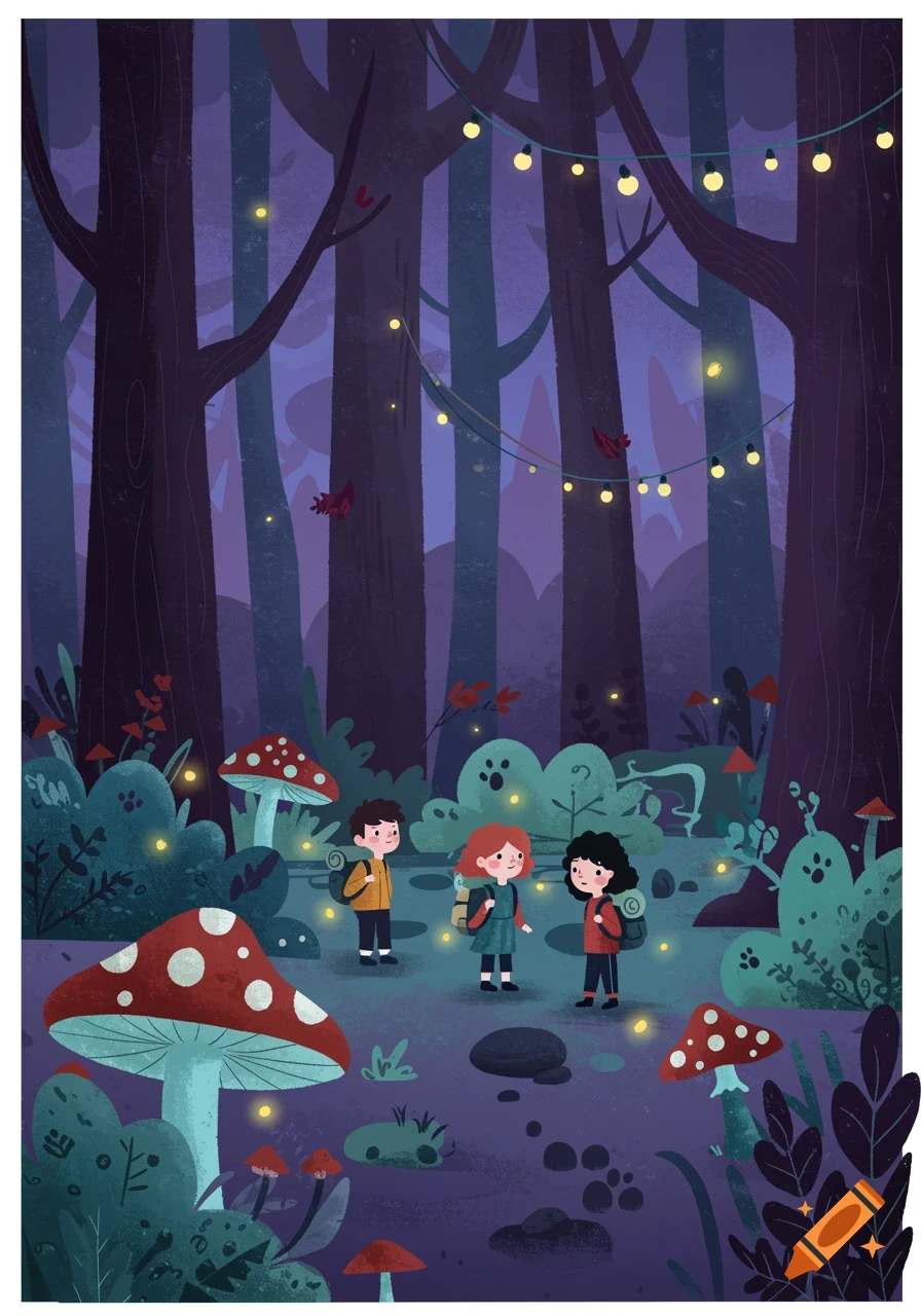 Three cartoon children with backpacks explore a whimsical dark forest with glowing mushrooms and string lights. Children's illustration.