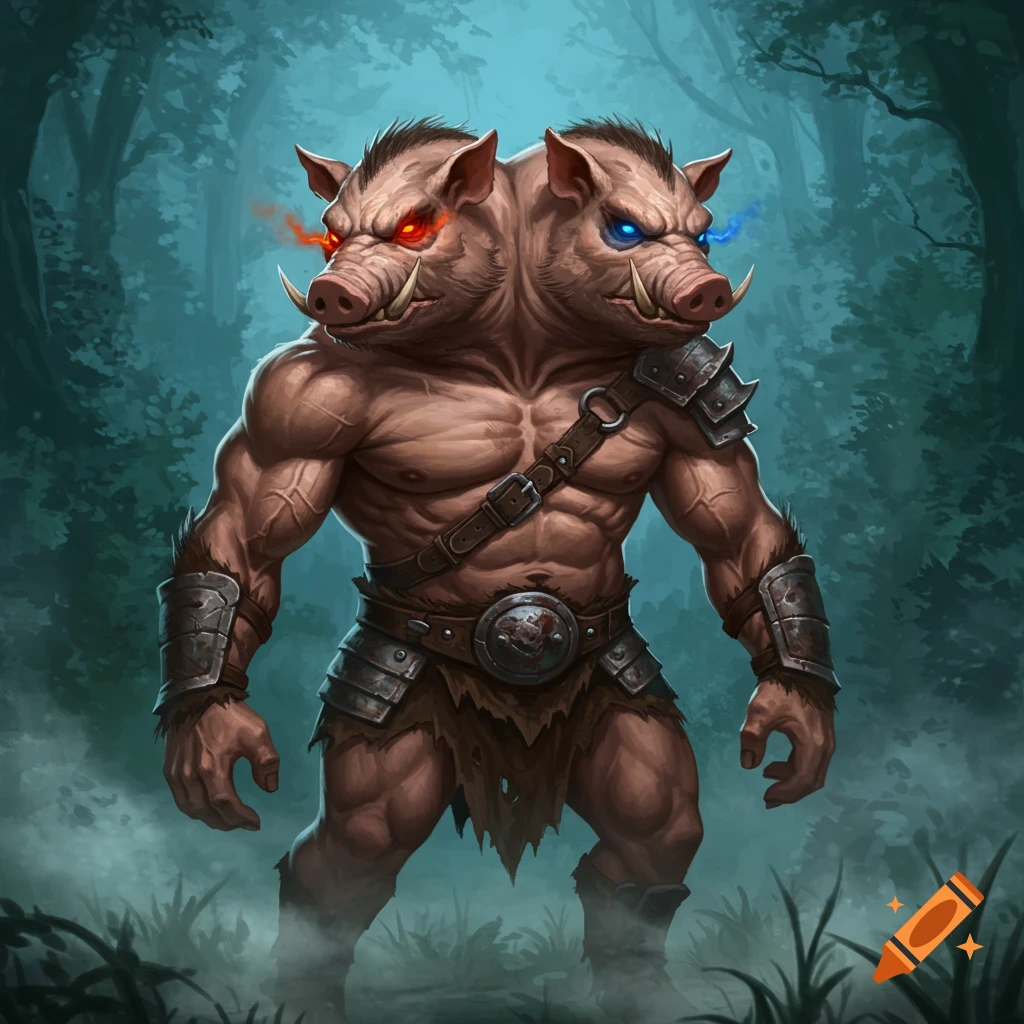 A muscular, two-headed pig man with glowing red and blue eyes, wearing armor, stands in a dark forest.