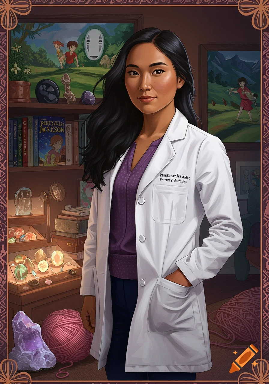 Illustrative portrait of an Asian woman in a lab coat, standing in a room with bookshelves, crystals, yarn, and Ghibli-style art on the walls.