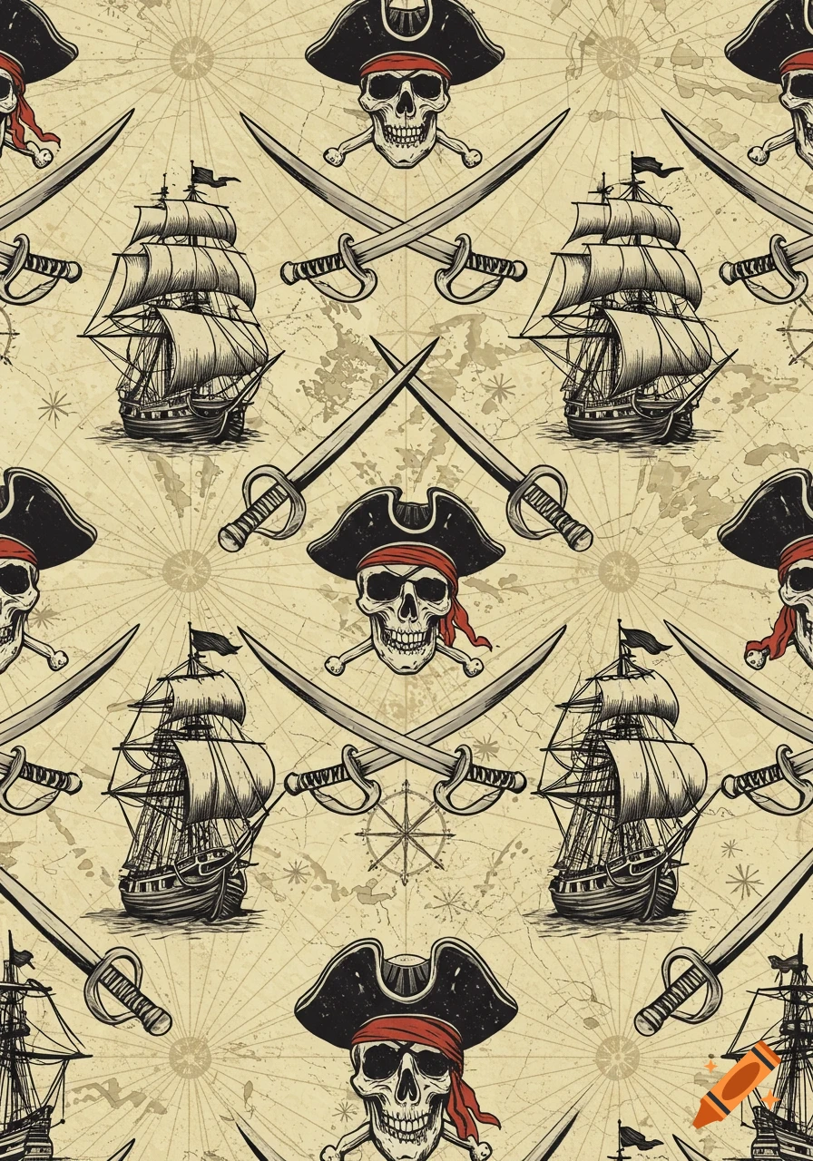 Seamless pirate-themed pattern featuring skulls in hats, crossed swords, and sailing ships in an engraved style on a map background.