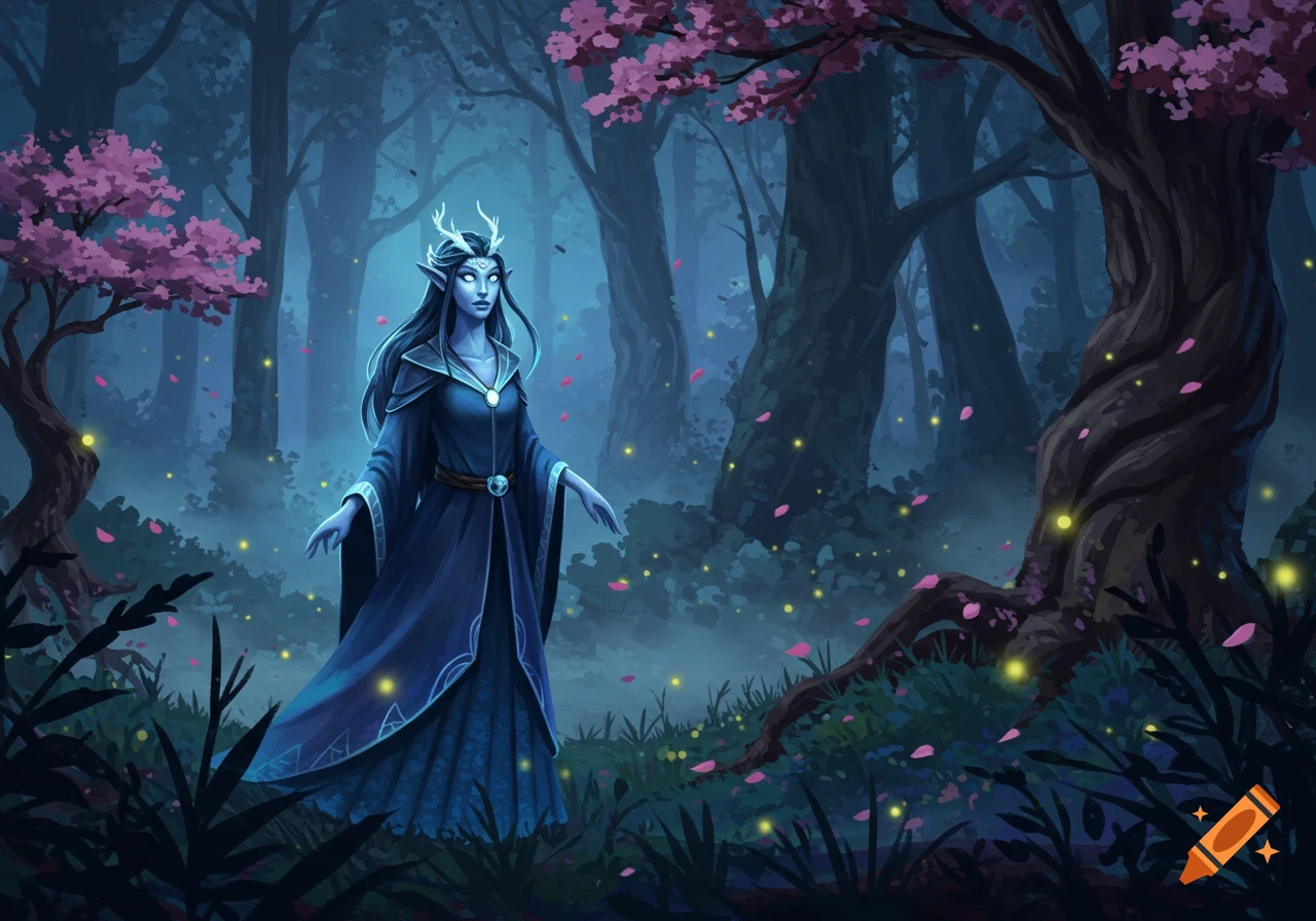 Blue-skinned elf with antlers stands in a dark, misty fantasy forest with pink blossoms and glowing lights.