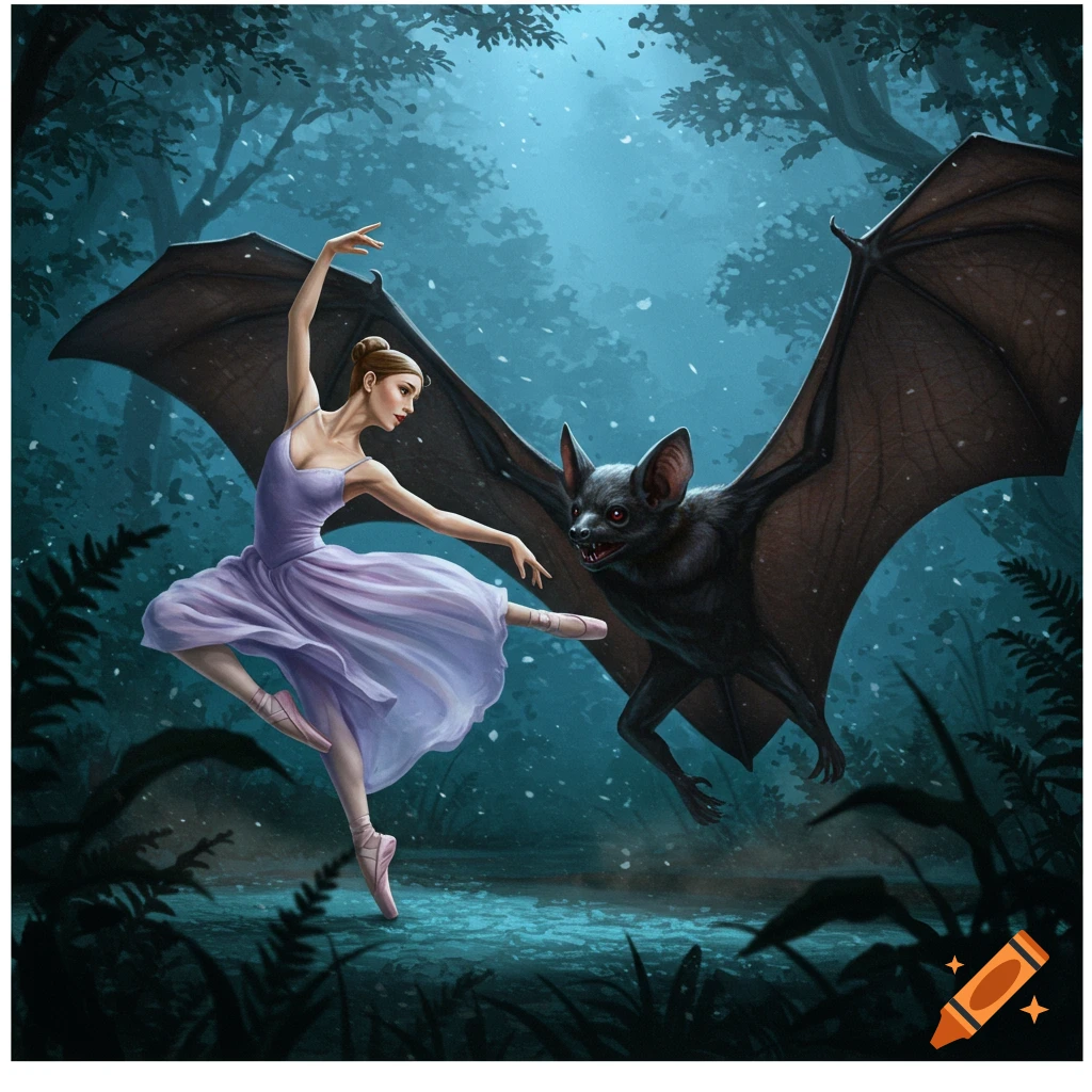 A fantasy illustration of a ballerina in a purple dress dancing with a large bat in a mystical, moonlit forest.