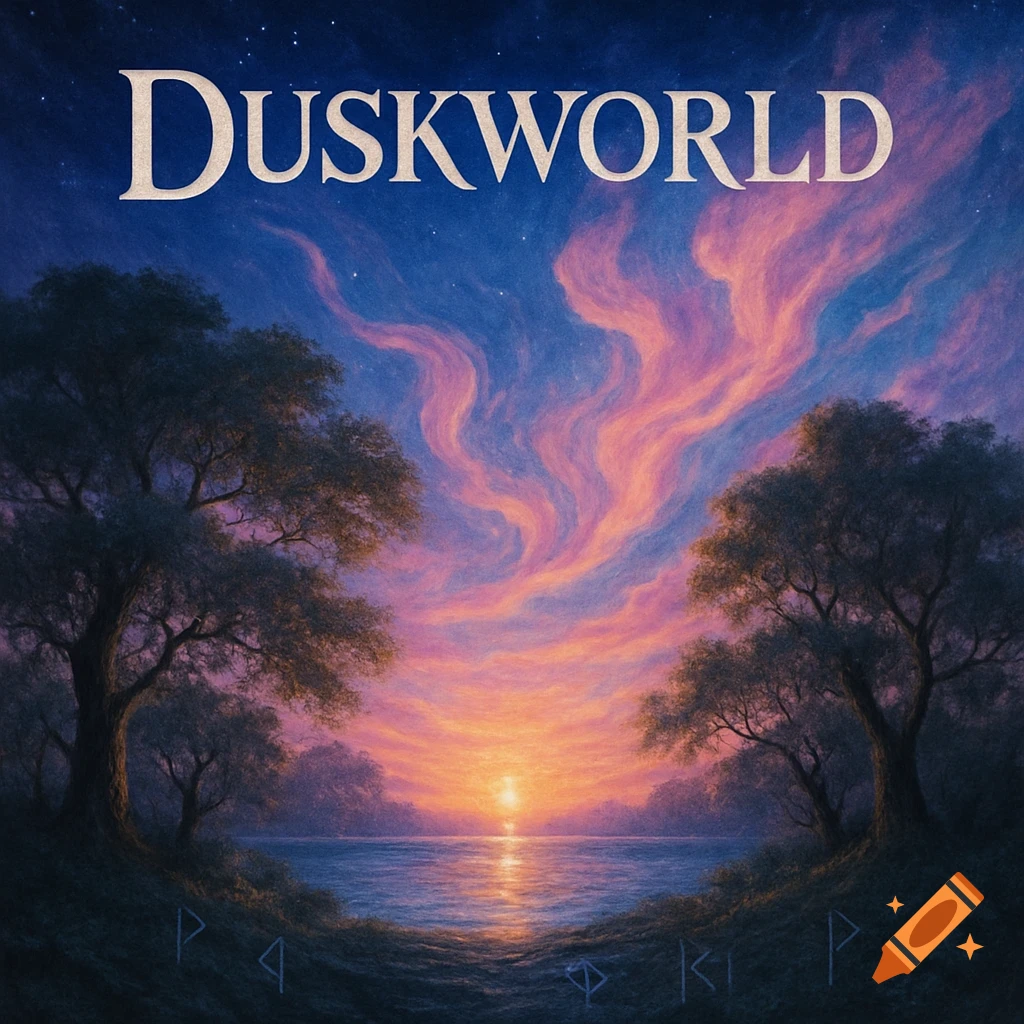 An album cover titled "DUSKWORLD" with a fantastical landscape at sunrise. Two large trees frame a body of water with hills in the distance and a vibrant pink and orange sky.