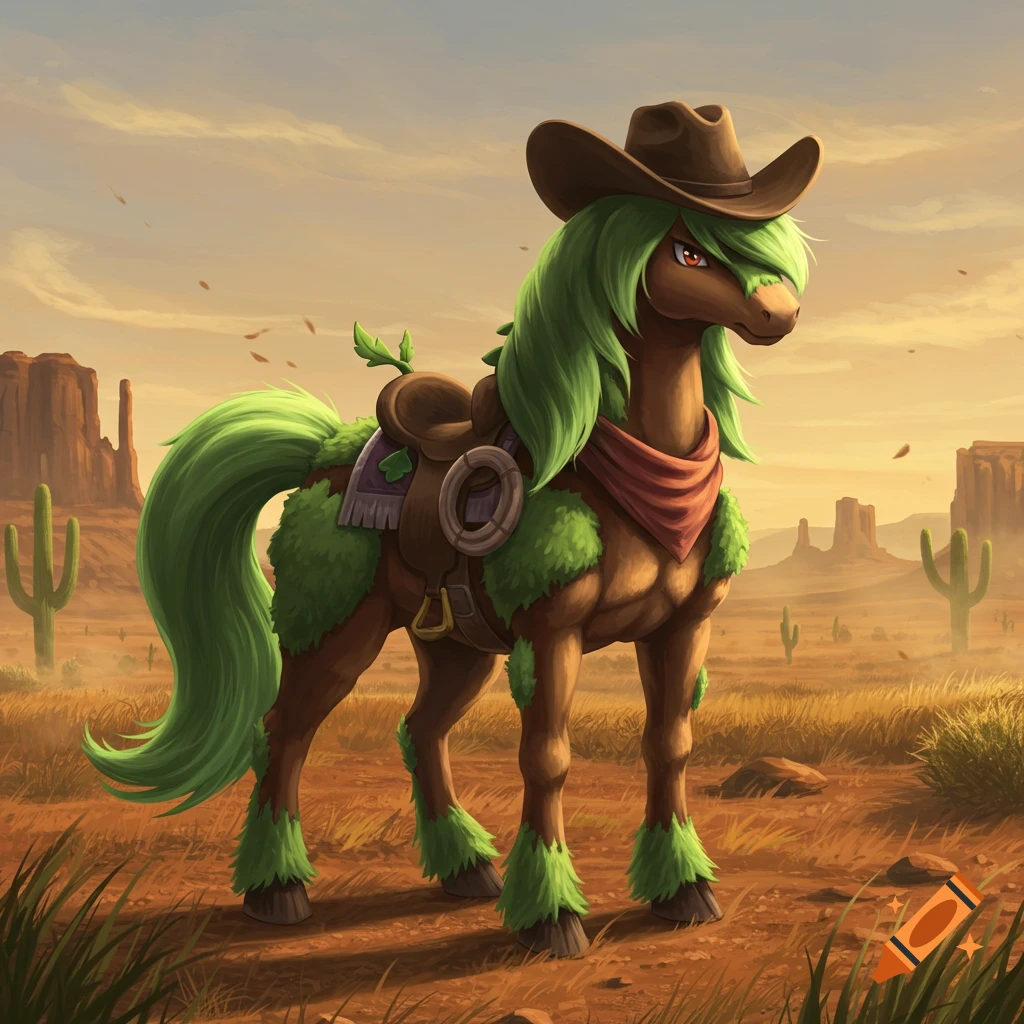 A brown horse-like Pok 00e9mon with green hair and mossy patches wears a cowboy hat and saddle in a desert landscape.
