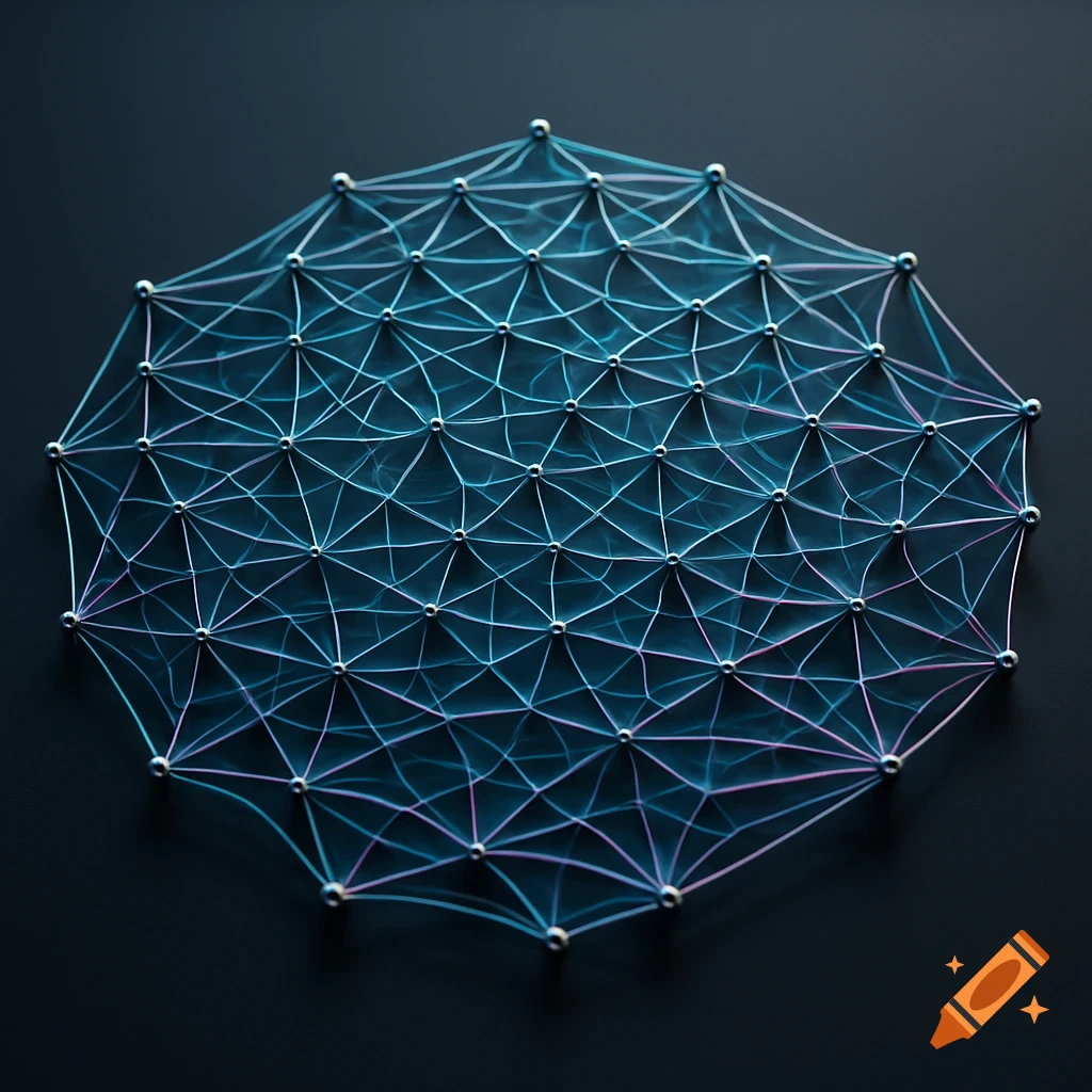 An abstract glowing blue and purple network of lines connecting small silver spheres on a dark background.