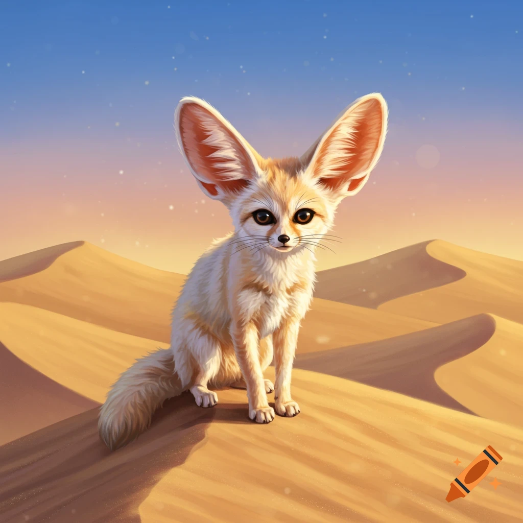 A stylized fennec fox with large ears sits on a sand dune in a desert landscape under a blue sky.
