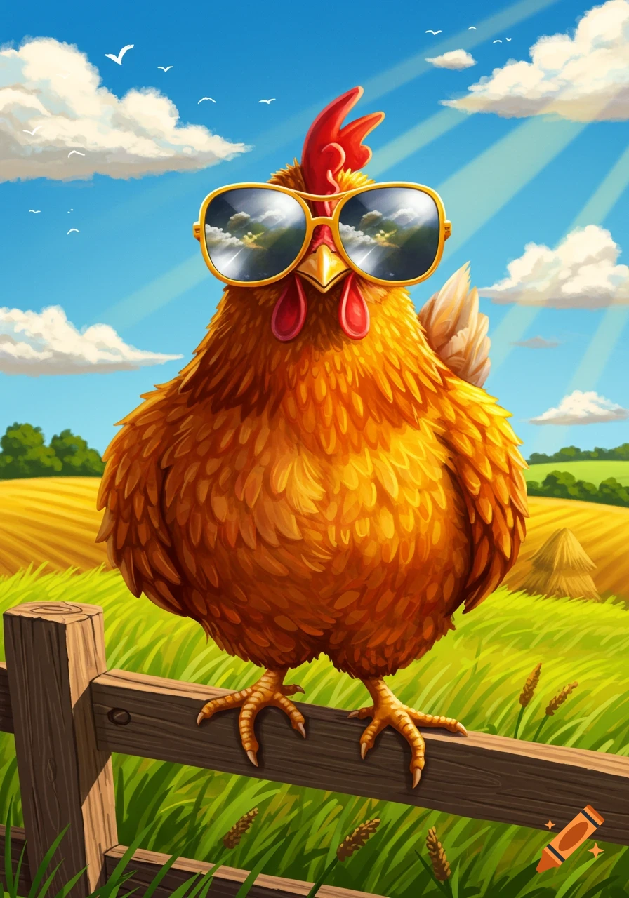 Cartoon chicken in sunglasses on a farm fence under a sunny sky.