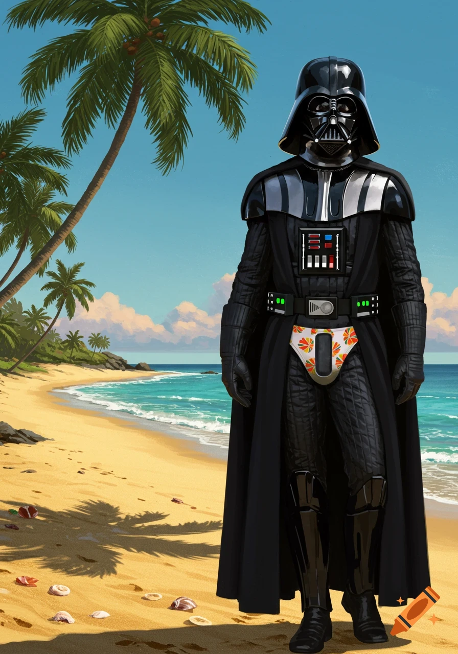 Darth Vader stands on a sunny beach with palm trees and ocean waves, wearing his black suit with a colorful patterned brief.