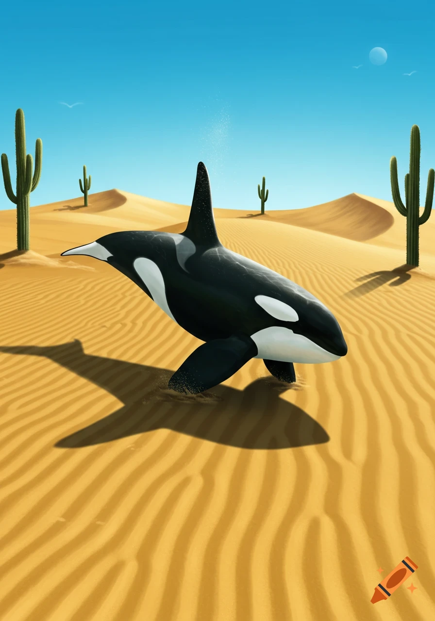 A stylized illustration of a black and white orca leaping through a desert landscape with sand dunes and green cacti under a clear blue sky.