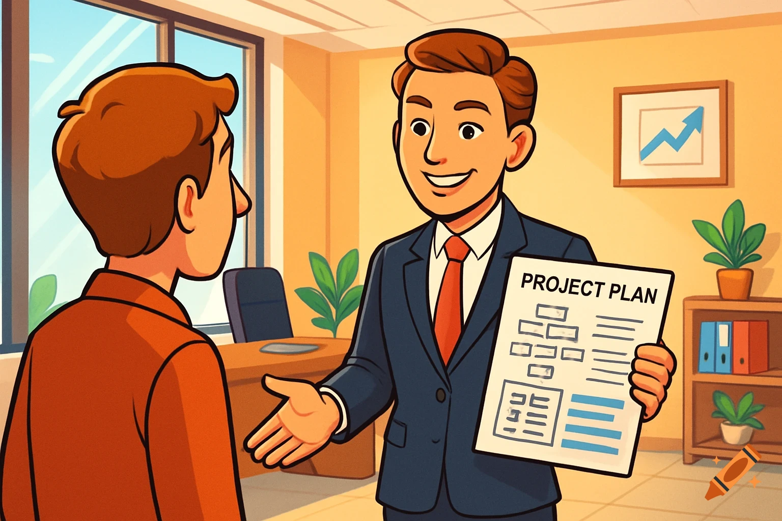 A cartoon manager smiles, presenting a "PROJECT PLAN" document to a team member in an office.