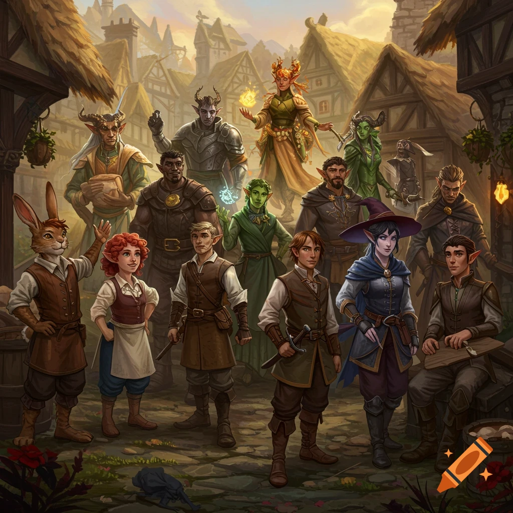 A diverse group of fantasy characters, including humans, elves, and anthropomorphic animals, standing in a lively village square.