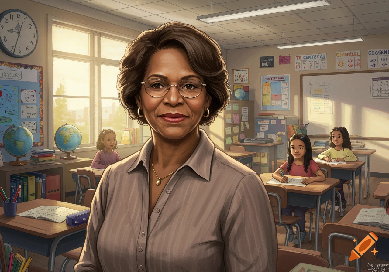A confident female teacher smiles at the camera in a sunny classroom, with students seated at desks in the background.