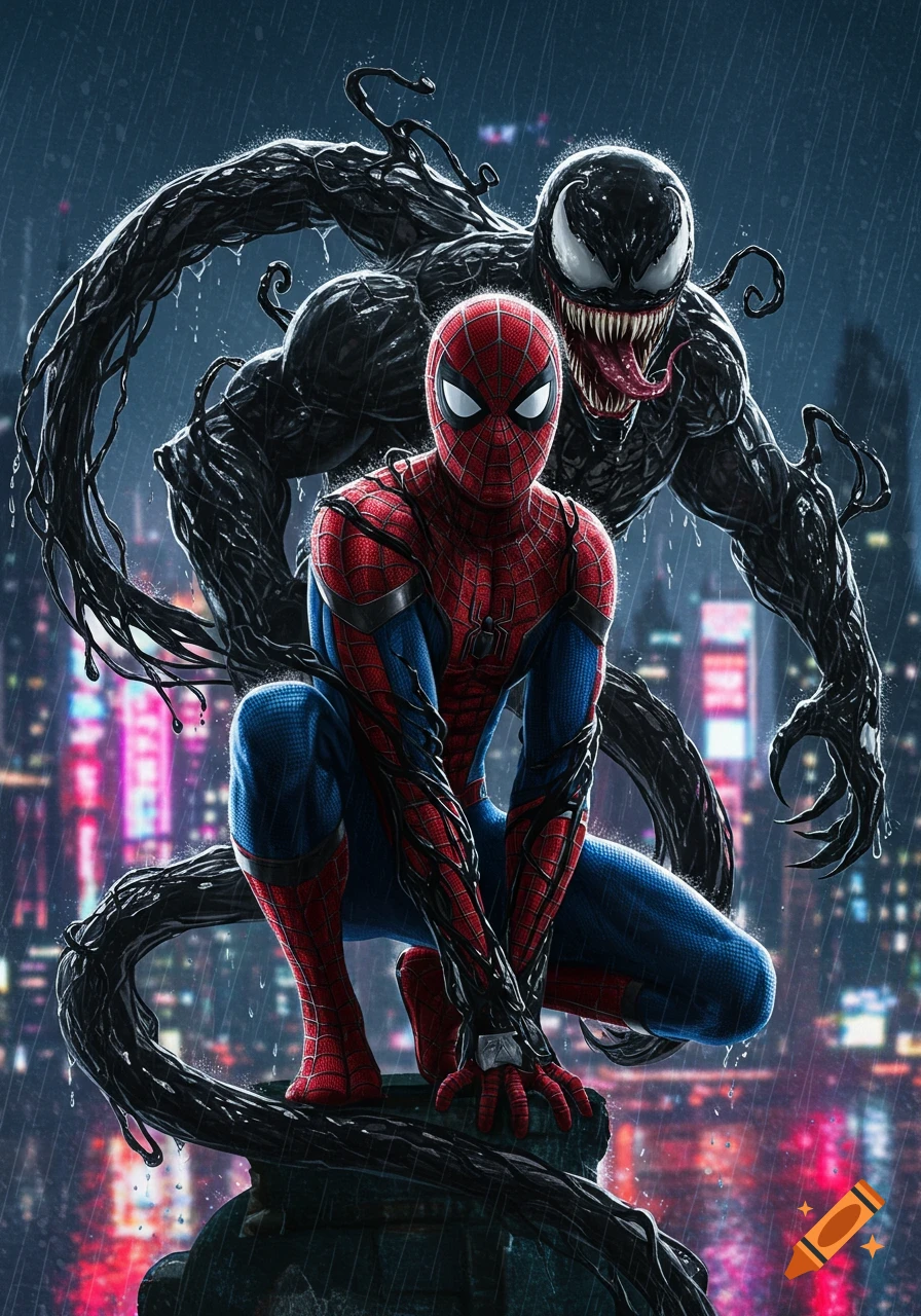 Spider-Man crouches on a rooftop in a rainy city at night, with the menacing Venom symbiote emerging behind him in a detailed comic art style.