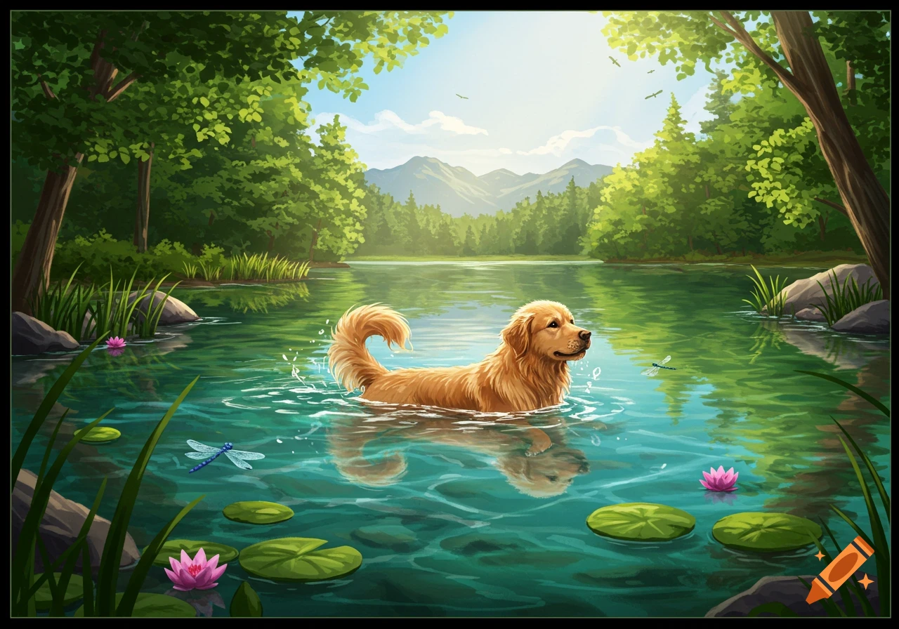 An illustration of a golden retriever swimming in a vibrant green lake surrounded by lush trees and mountains.