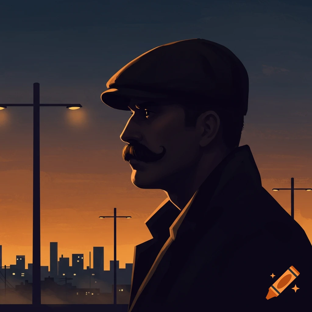 Stylized illustration of a man with a mustache and flat cap in profile, silhouetted against an orange sunset and city lights.
