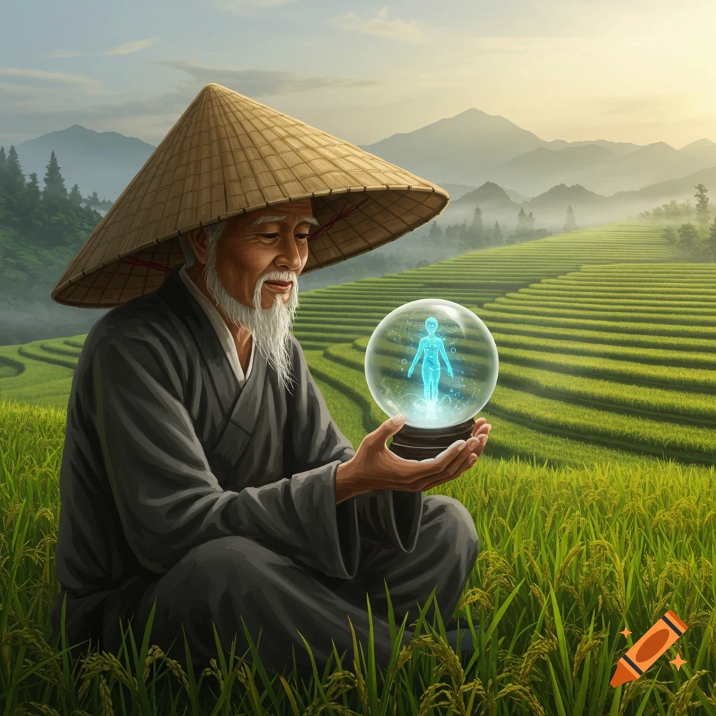 An old Chinese man in a rice hat sits in a lush rice field, holding a glowing crystal ball with a blue human figure inside.
