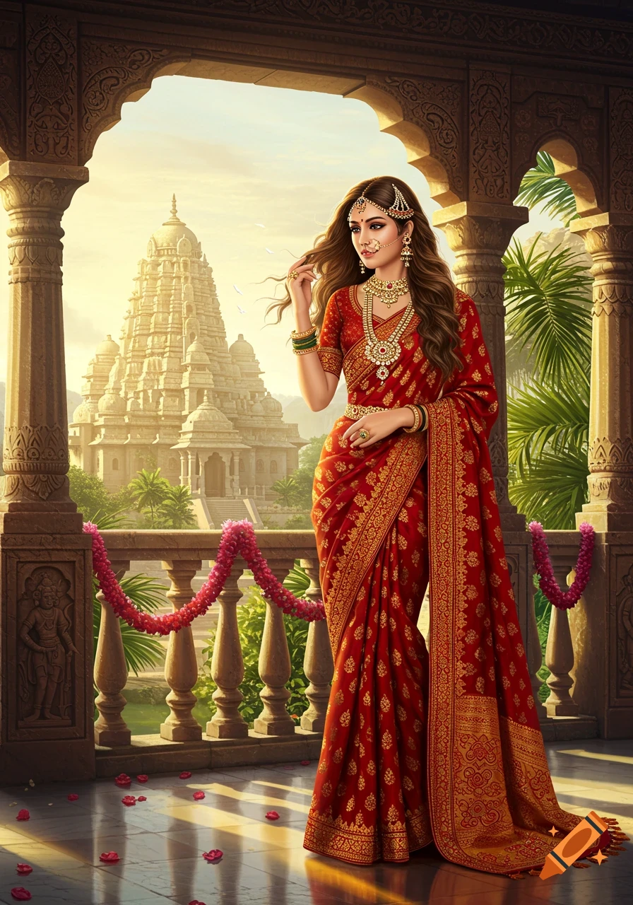 Beautiful Indian woman in a red and gold sari and jewelry, standing on a balcony overlooking a grand Hindu temple at sunrise.