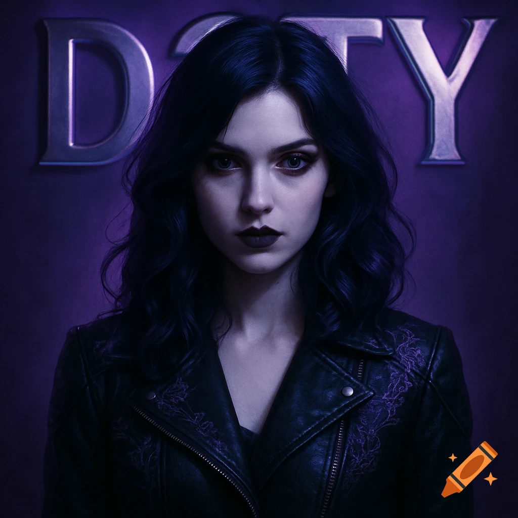 A mysterious woman with dark hair and makeup wears a black leather jacket against a purple background with a large 'D2TY' logo.