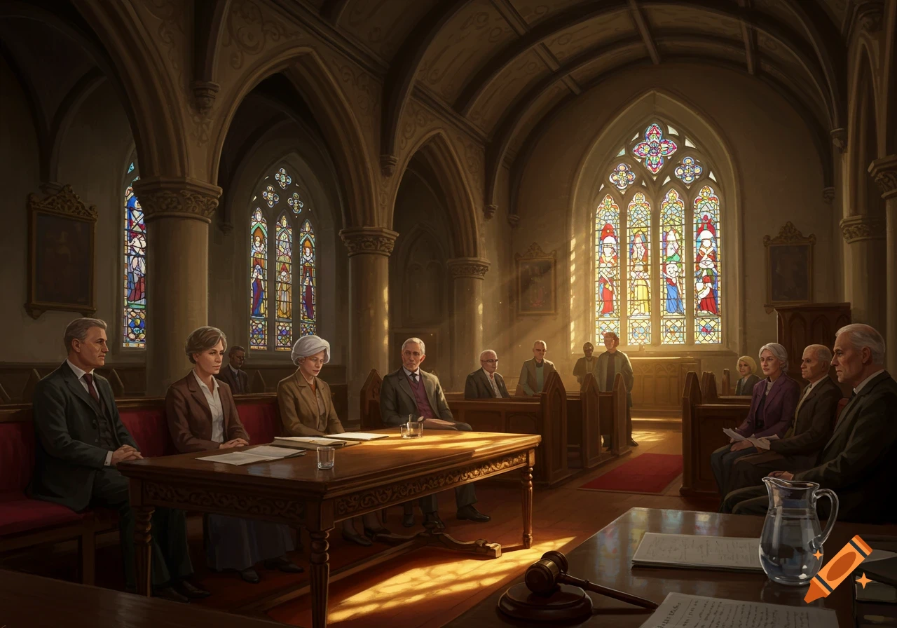 People seated at a long table and in pews in a grand church hall with large, colorful stained glass windows and arched ceilings, sunlight streaming in.