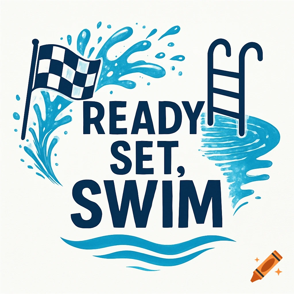 A graphic logo with "READY SET, SWIM" text, a checkered flag, water splashes, and a pool ladder.